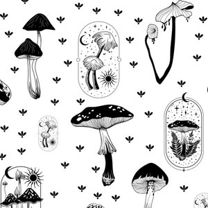 Black and White Modern Mushroom Wallpaper, mushroom mural for kids room, peel stick wallpaper, removable wallpaper, self adhesive