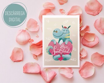 POSTAL bon Sant Jordi, día del libro, regalo en CATALÁN para acompañar la rosa, ilustración de amor, paleta pastel o cozy, Descarga DIGITAL