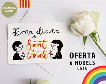 Postcards Bona Sant Jordi Day, OFFER 6 designs and pay 1, Book Day gift, in CATALAN. Senyera Festivity couple illustration, LGTB