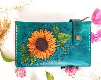 Cartera de cuero hecha a mano: diseño de girasol en relieve, tarjetero