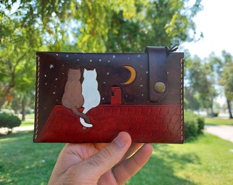 Cartera de cuero hecha a mano: Arte de gato, Monedero de mujer