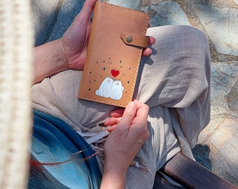 cartera de cuero,para regalo,amor de gato,gato lindo,cuero hecho a mano,tarjetero,billetera de cuero mujer,billetera de cuero mujer,cuero genuino,accesorio