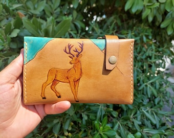 Handmade Leather Wallet: Embossed Deer Design, Genuine Calf Leather