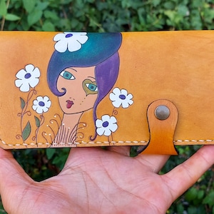 portefeuille en cuir,fleurs,cadeau pour Noël,cuir fait main,porte-cartes,portefeuille en cuir pour femme,portefeuille en cuir pour femme,cuir véritable,marguerite