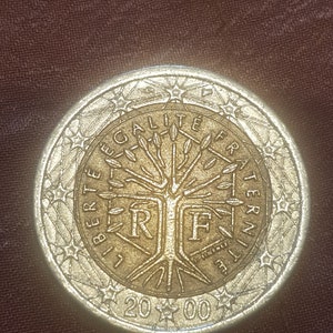 May include: A silver French 2000 Euro coin with a tree and the words "Liberté, Egalité, Fraternité" around the edge.