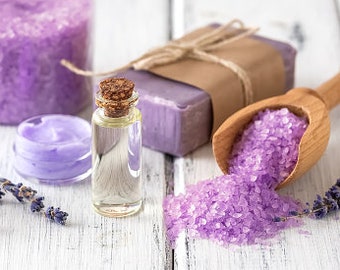 lavender spa products on an old white wooden table body care