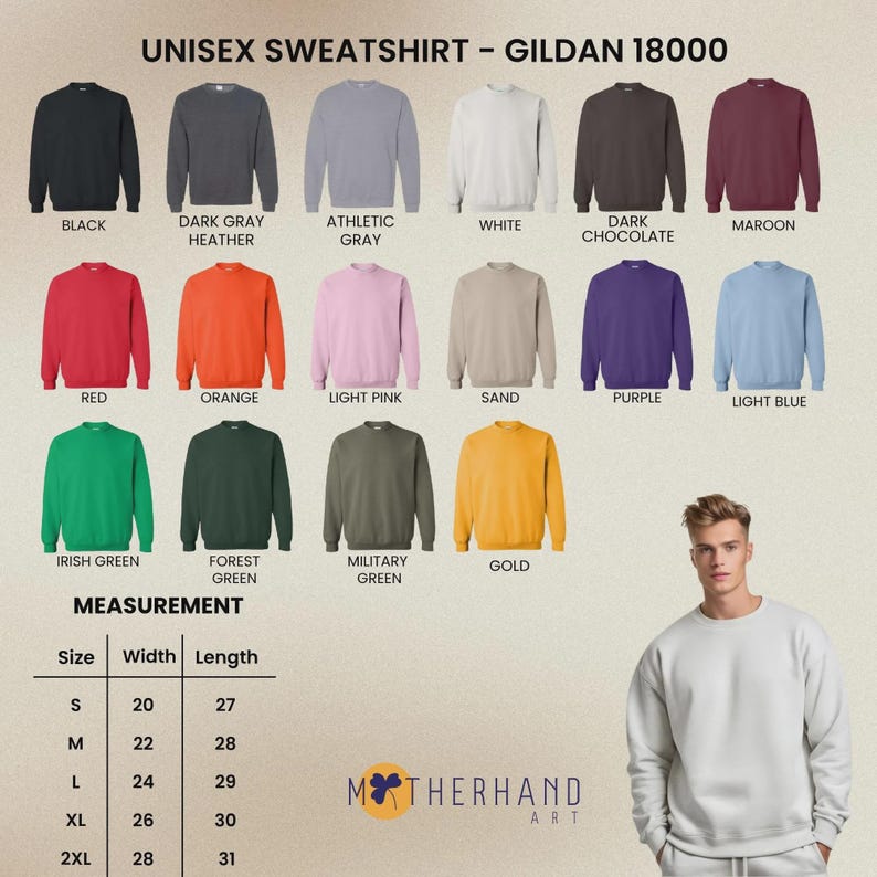 Puede incluir: Imagen de sudaderas unisex Gildan 18000 en varios colores, como negro, blanco y rojo. Tambi&eacute;n se muestra una tabla de tallas con medidas en cent&iacute;metros. La marca "MOTHERHAND ART" es visible.