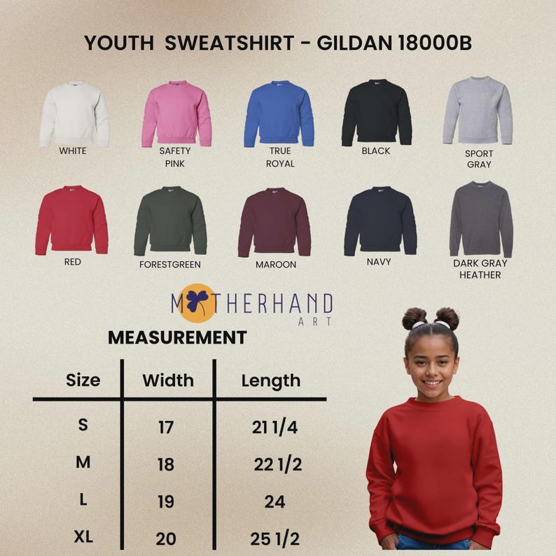 Puede incluir: Una sudadera juvenil en varios colores, incluyendo blanco, rosa, azul, negro y gris. La imagen muestra una tabla de tallas con medidas en pulgadas y una joven con una sudadera roja. El texto dice "YOUTH SWEATSHIRT - GILDAN 18000B".