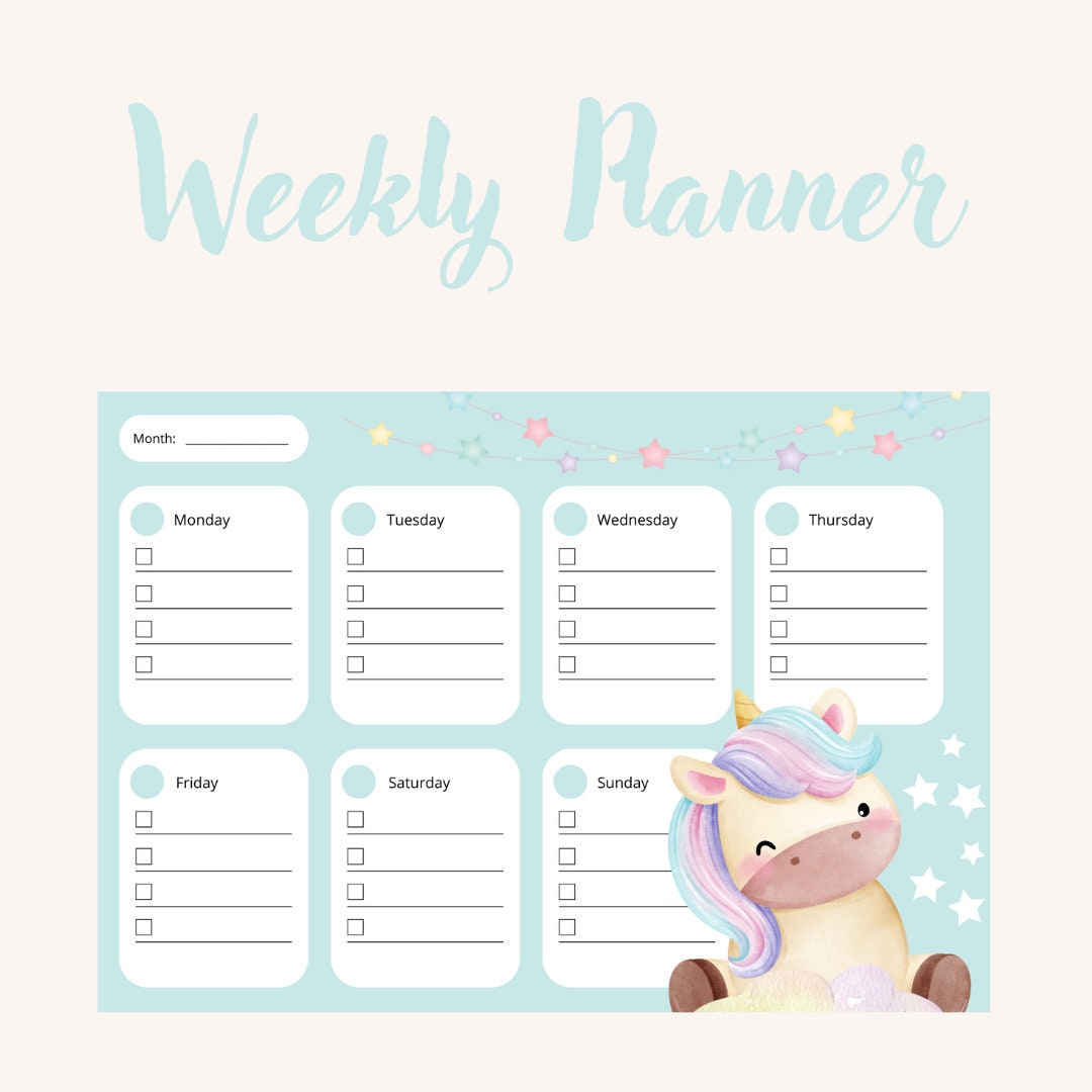Weekly Planner for Kids and Children, Weekly Planner With Unicorn Theme ...