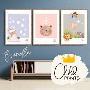 Paquete 3 carteles, arte de pared para niños, arte de pared para niños, carteles para dormitorios y guardería, tema unicornio oso y selva, descarga digital