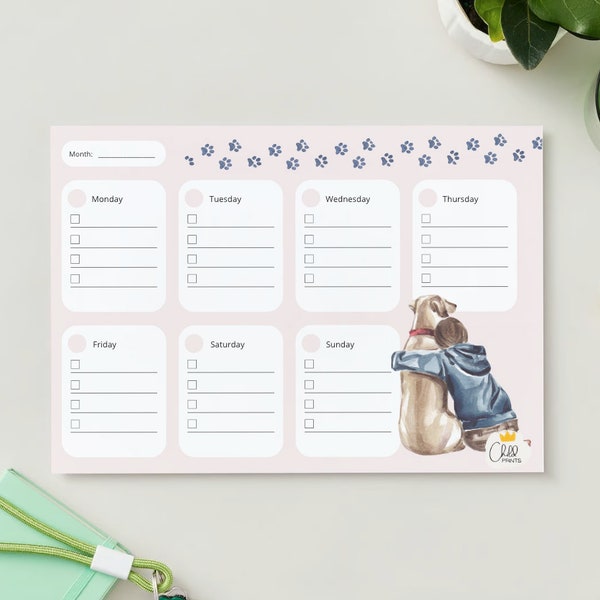 Weekly Planner with Dog for DogLovers, Planner for Desk, A4 and A3 Format, Digital Product, PDF or PNG file Ready for Instant Download