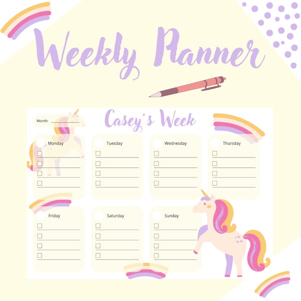 Custom Name Unicorn & Rainbow Weekly Planner for Little Girl, Planner for Desk, A4 and A3 Format, Digital Product