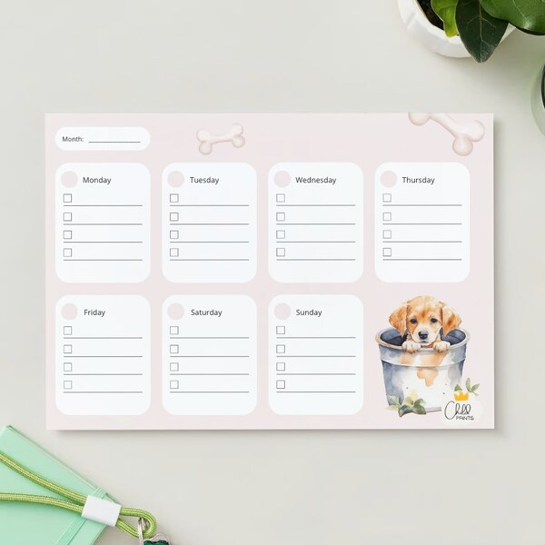 Weekly Planner with Cute Dog for DogLovers, Planner for Desk, A4 and A3 Format, Digital Product, PDF or PNG file Ready for Instant Download