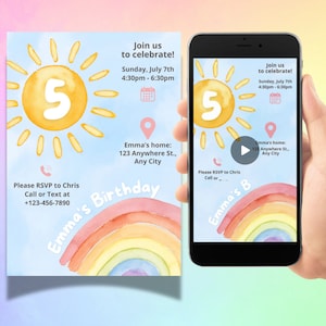 Biglietto d'invito compleanno bambini divertenti, biglietto digitale "Happy Birthday" cantato personalizzato per bambini, invito festa sole e arcobaleno, DOWNLOAD DIGITALE