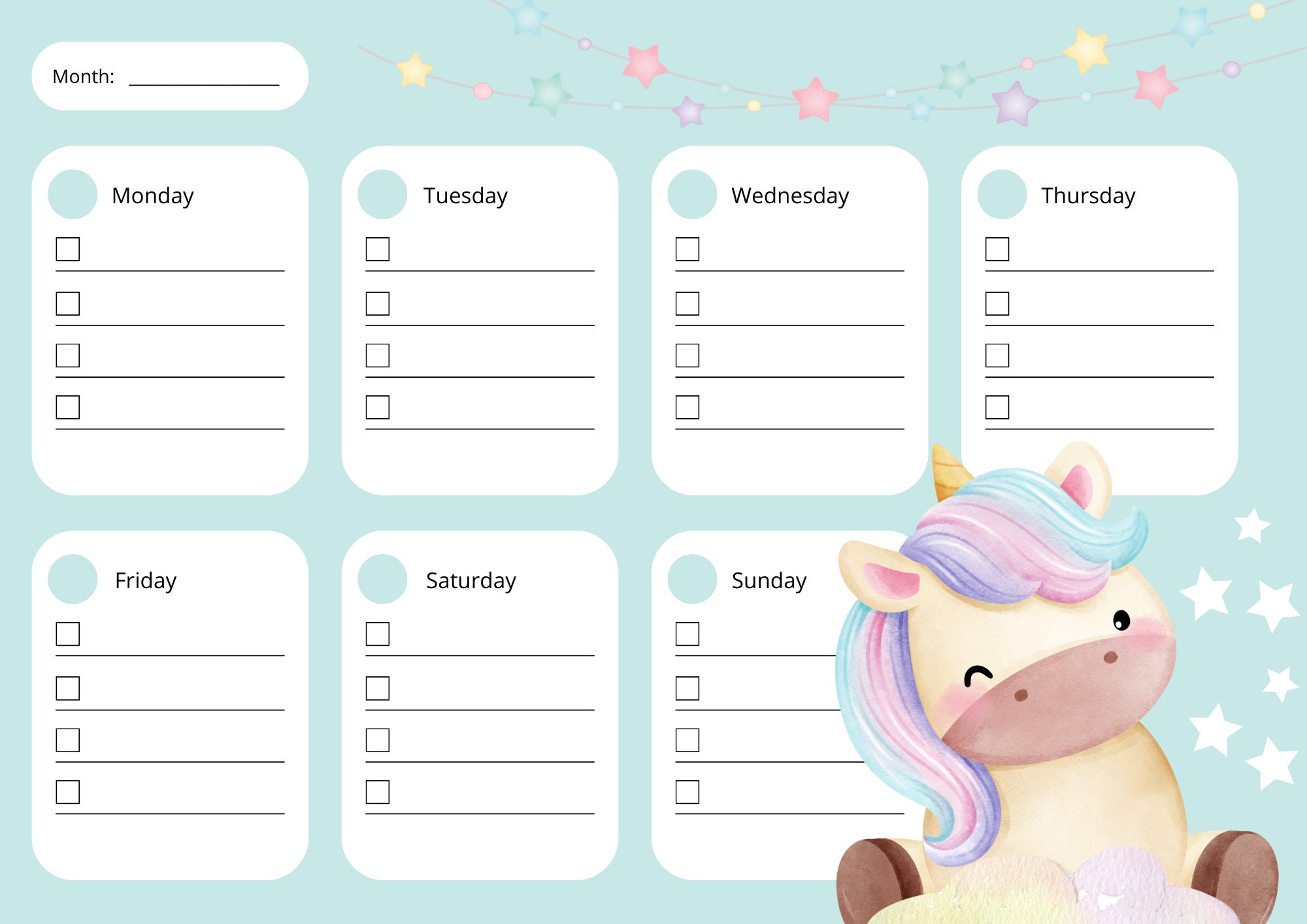 Weekly Planner for Kids and Children, Weekly Planner With Unicorn Theme ...