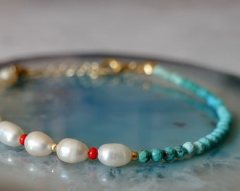 Dainty Turquoise & Pearl Half/Half Bracelet | AAA Arizona Gemstones Freshwater Baroque Pearls Glass Seed Beads