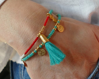 Turquoise Tassel Charm Bracelet | Leaf Flower Gold Plated Glass Seed Beads | Boho Hippie Beach Pop Of Colour Stacking BFF Gift Charms