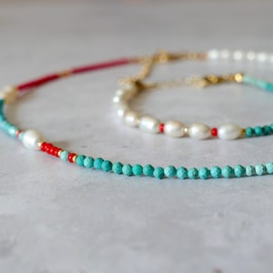 Arizona Turquoise Beaded Gemstone & Freshwater Pearl Necklace Choker | AAA Stones Glass Seed Beads Beach Boho Stacking Layering Collar