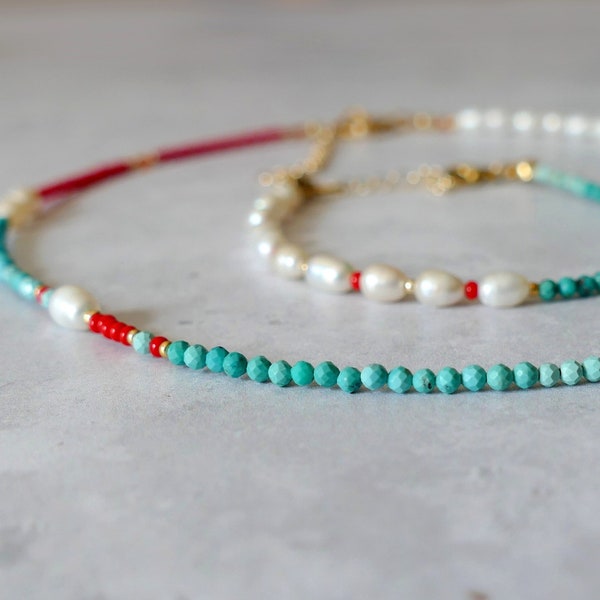 Arizona Turquoise Beaded Gemstone & Freshwater Pearl Necklace Choker | AAA Stones Glass Seed Beads Beach Boho Stacking Layering Collar