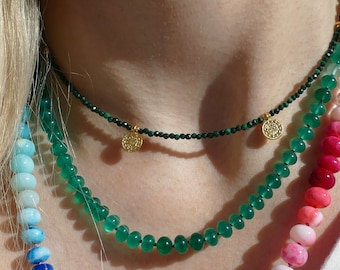 Dainty Malachite Gold Or Silver Turkish Coin Necklace | Stacking Beach Summer Boho Gemstone Stone Choker Collar Handmade UK