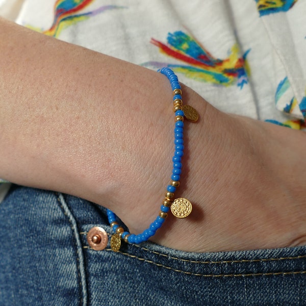 Blue Turkish Gold Coin Bracelet | Gold Plated Glass Seed Beads | Boho Hippie Beach Pop Of Colour Stacking Girlfriend Gift Charms