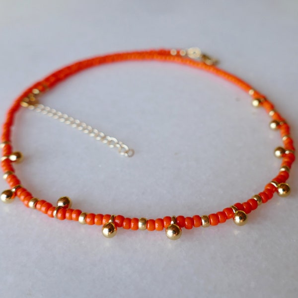 Dainty Hot Orange Glass Seed Bead Choker And Gold Ball Charms | Simple Everyday Necklace Stacking Layering Plated 24K Beach Boho Vegan