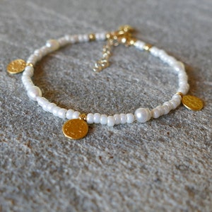 Pearls & Gold Coin Charm Bracelet Baroque Freshwater Gold Turkish Coins Glass Pearl Seed Beads Stacking Bracelet White Ivory image 3
