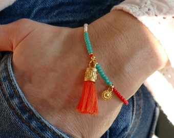 Orange Tassel Charm Bracelet | Sun Gold Plated Glass Seed Beads | Boho Hippie Beach Pop Of Colour Stacking BFF Gift Charms