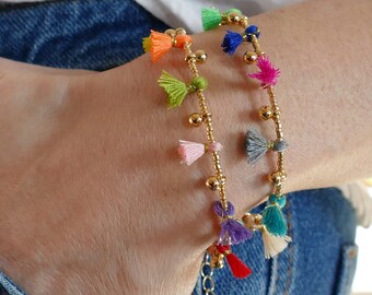 Mini Tassels Charm Bracelet Bangle | Gold Plated Glass Seed Beads Cotton Tassel | Boho Hippie Beach Pop Of Colour Stacking BFF Gift Charms