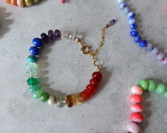 Gemstone Rainbow Hand Knotted Bracelet | 14K Gold Filled Smooth AAA Candy Rondelle Beads Semi-Precious Layering Festival Pride