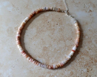 Natural Pink Opal Heishi Bead Choker | Stacking Beach Summer Boho Smooth Tyre Gemstone Necklace Collar Handmade 925 Silver UK