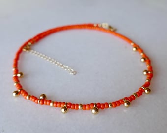 Dainty Hot Orange Glass Seed Bead Choker And Gold Ball Charms | Simple Everyday Necklace Stacking Layering Plated 24K Beach Boho Vegan