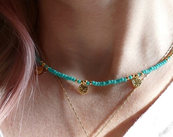 Turquoise & Gold Beaded Turkish Coin Charm Necklace | Glass Seed Green Blue Aqua Two Tone Layering Beads Charm Vegan