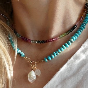 Natural Arizona Blue Turquoise Hand-Knotted Candy Necklace | 14k Gold Filled Natural Stones Rondelle Beads Semi-Precious Layering