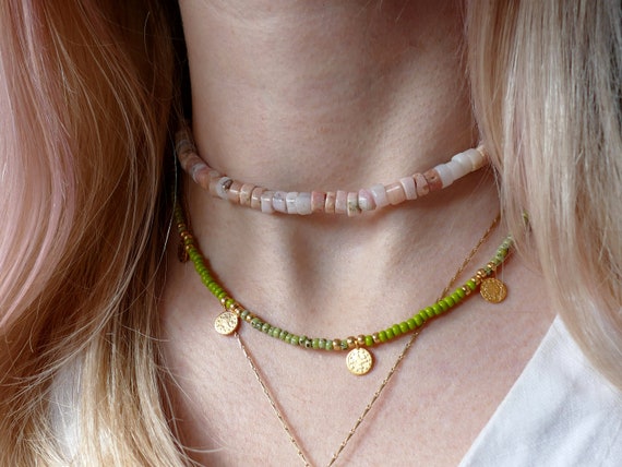 Multistone 2-strand 14k Gold-plated Silver Necklace with Gold Disks Adjustable Multistone 2-strand 14k Gold-plated Silver Necklace with Gold Disks Adjustable