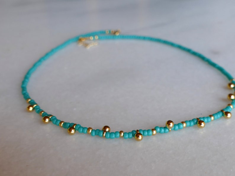 Dainty Turquoise Glass Seed Bead Choker And Gold Ball Charms Simple Everyday Necklace Stacking Layering Plated 24K Beach Boho Vegan image 8