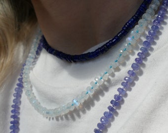 Collier pierre de lune arc-en-ciel noué à la main | Perles semi-précieuses en soie turquoise, perles AAA rondes bleues remplies d'or 14 carats