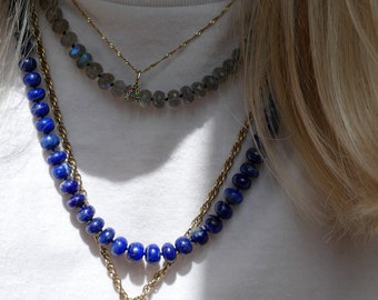 Natural Lapis Lazuli Beaded Necklace | Hand-Knotted Silk, 14K Gold Filled Clasp
