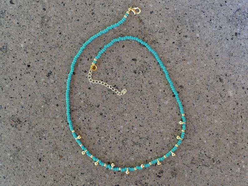 Dainty Turquoise Glass Seed Bead Choker And Gold Ball Charms Simple Everyday Necklace Stacking Layering Plated 24K Beach Boho Vegan image 4