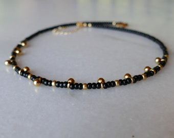 Dainty Black Glass Seed Bead Choker And Gold Ball Charms | Simple Everyday Necklace Stacking Layering Plated 24K Beach Boho