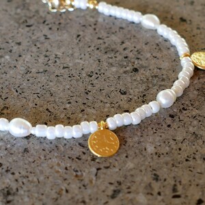 Pearls & Gold Coin Charm Bracelet Baroque Freshwater Gold Turkish Coins Glass Pearl Seed Beads Stacking Bracelet White Ivory image 6