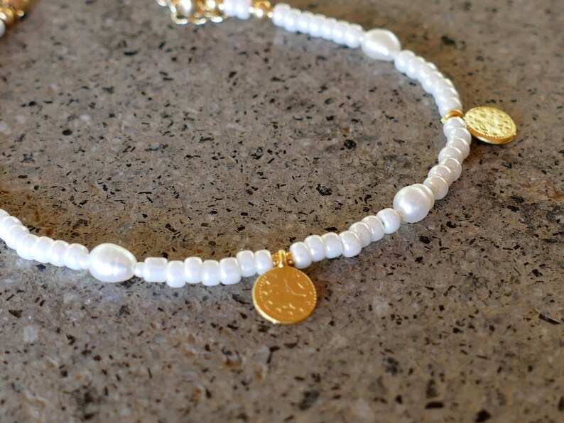 Pearls & Gold Coin Charm Bracelet Baroque Freshwater Gold Turkish Coins Glass Pearl Seed Beads Stacking Bracelet White Ivory image 6