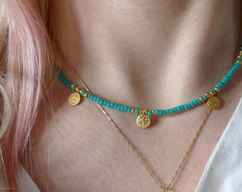 Turquoise & Gold Beaded Turkish Coin Charm Necklace | Glass Seed Green Blue Aqua Two Tone Layering Beads Charm Vegan