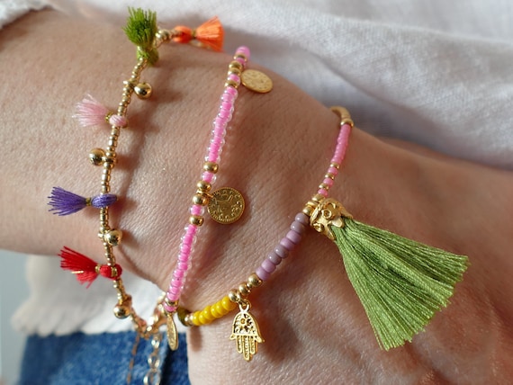 Layered Bracelet Hamsa Charm and Genuine Stone Beads Gold-plated Layered Bracelet Hamsa Charm and Genuine Stone Beads Gold-plated