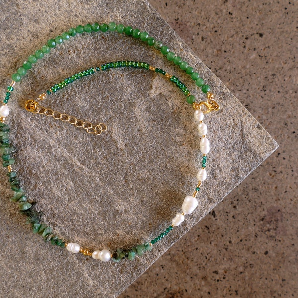 Genuine Emerald Jade & Freshwater Pearls Necklace |  Glass Seed Beads Green Natural Untreated Semi Precious Layering Unique Gemstone Gift