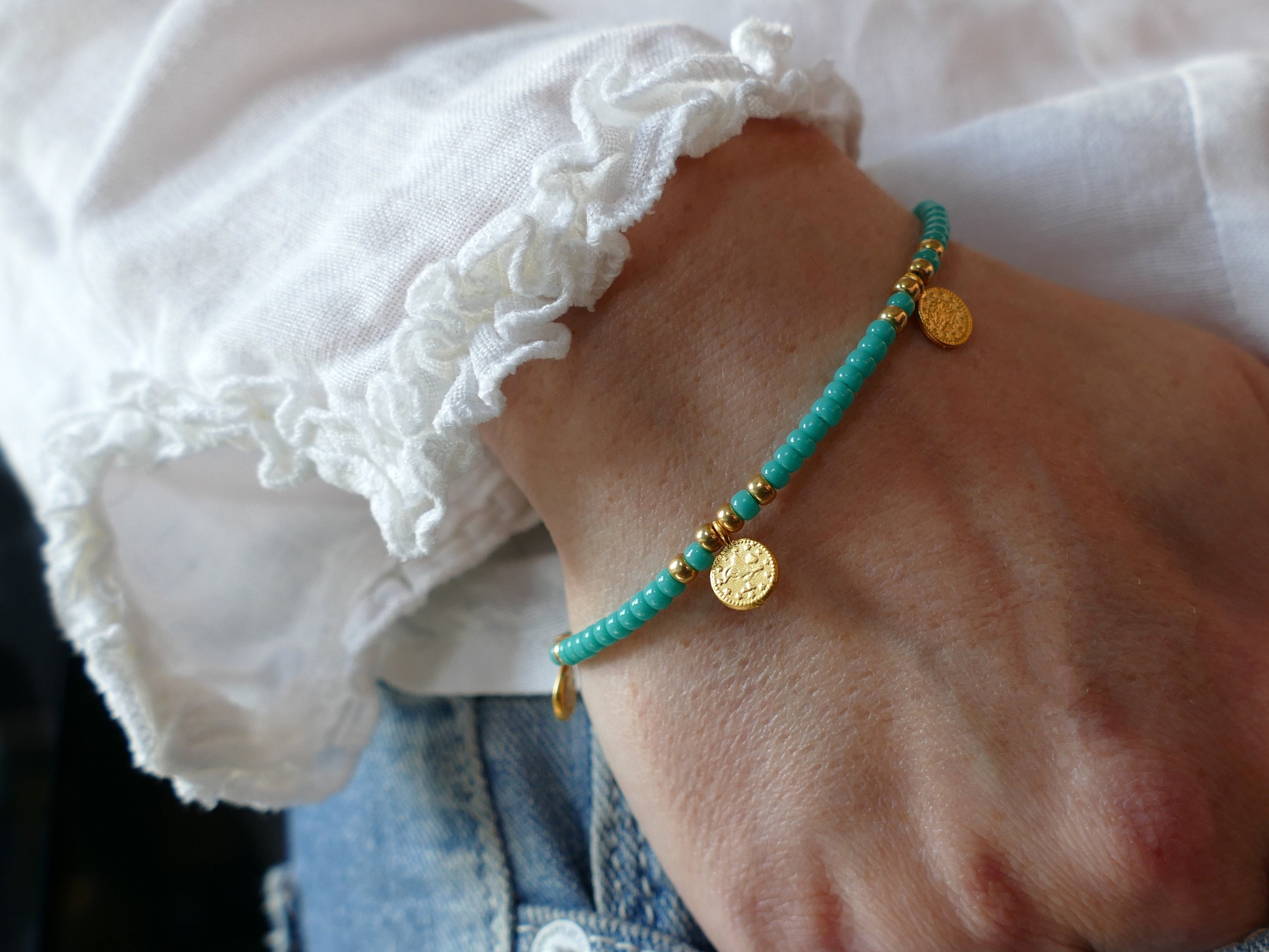 Turquoise Turkish Gold Coin Bracelet | Gold Plated Glass Seed Beads | Boho Hippie Beach Pop Of Colour Stacking BFF Gift Charms