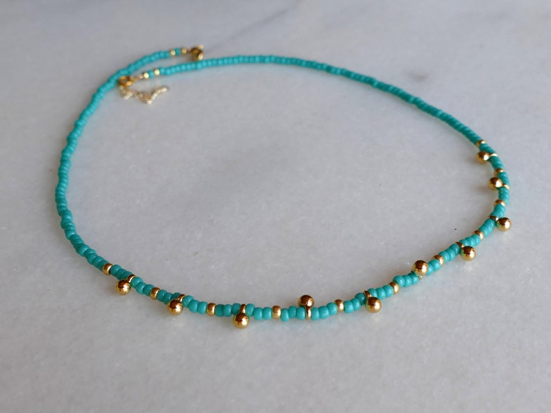 Dainty Turquoise Glass Seed Bead Choker And Gold Ball Charms Simple Everyday Necklace Stacking Layering Plated 24K Beach Boho Vegan image 2
