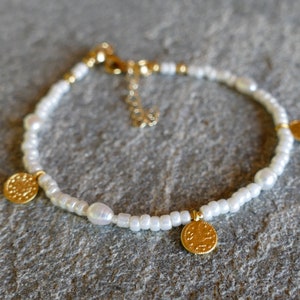 Pearls & Gold Coin Charm Bracelet Baroque Freshwater Gold Turkish Coins Glass Pearl Seed Beads Stacking Bracelet White Ivory image 7