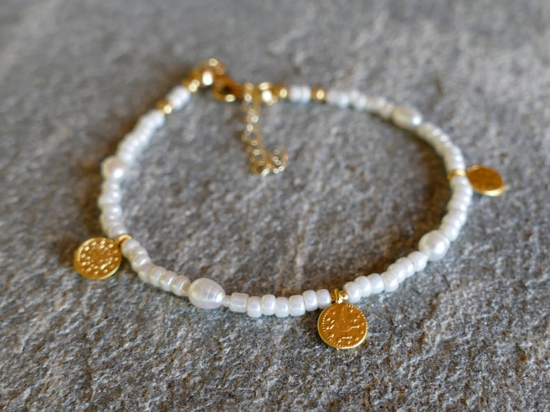 Pearls & Gold Coin Charm Bracelet Baroque Freshwater Gold Turkish Coins Glass Pearl Seed Beads Stacking Bracelet White Ivory image 7