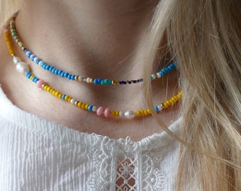 Dainty Blue Turquoise Glass Seed Bead Necklace Choker | Random Colourful Miyuki Beads Layering Pop of Colour Beach Boho Hippie
